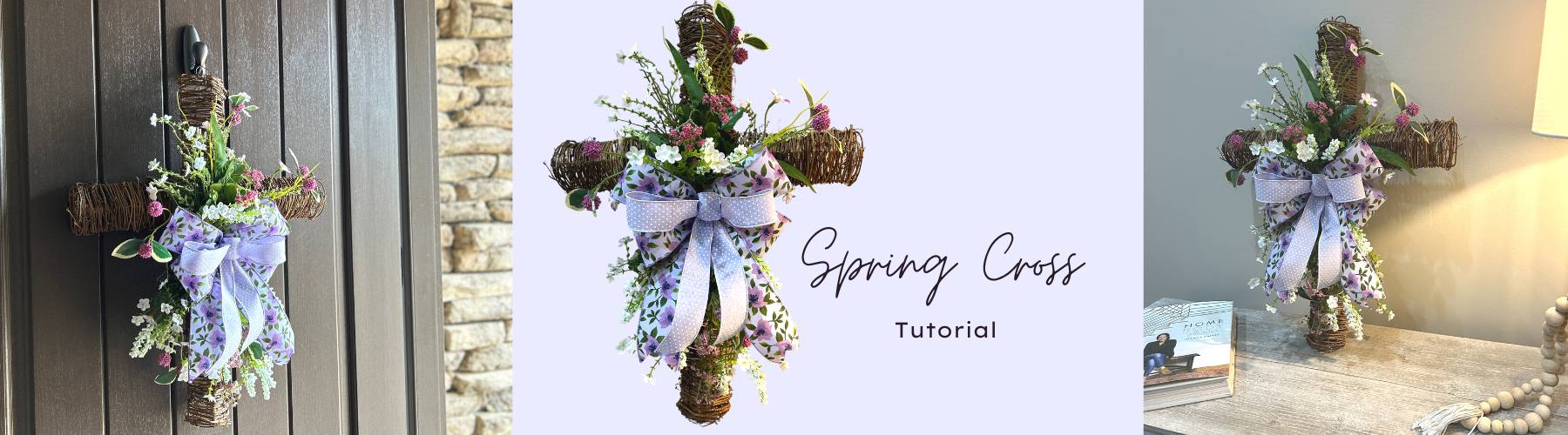 spring florals on a twig cross with lavender bow