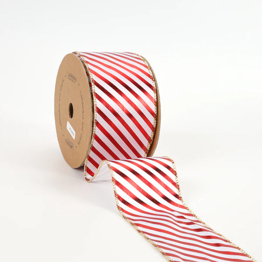 A roll of 2.5" Red and White Metallic Stripe Wired Holiday Ribbon (WR-10454-063-10) features striking red and white diagonal stripes accented with elegant gold edges, partially unrolled on a pristine white background.